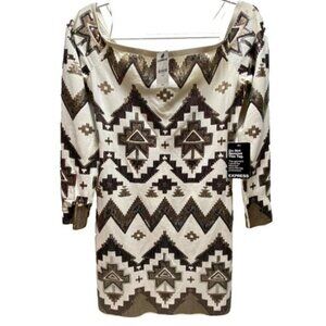 Express Mini Dress Women's Medium White Sequin Aztec Off Shoulder Bodycon (Read)